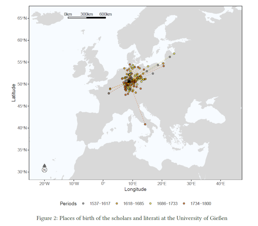 Figure 2: Places of birth of the scholars and literati at the University of Gießen