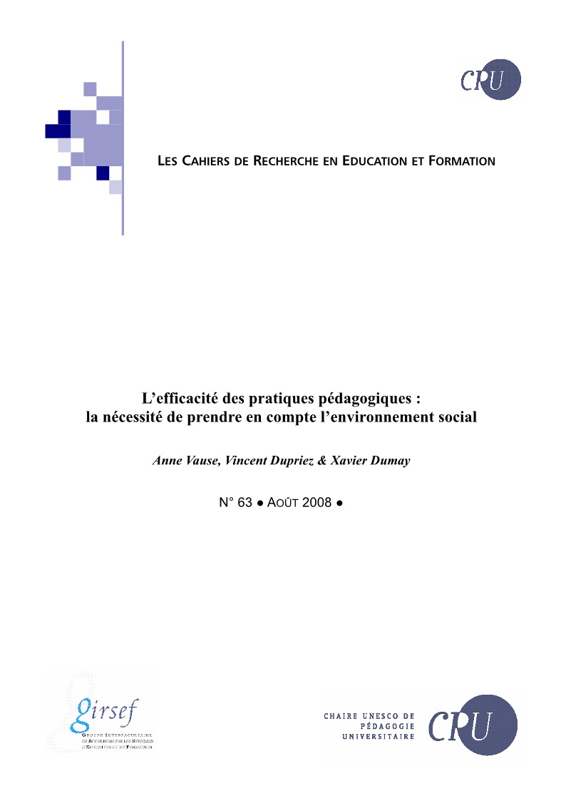 					Afficher No 63 (2008): L’efficacité des pratiques pédagogiques : la nécessité de prendre en compte l’environnement social
				