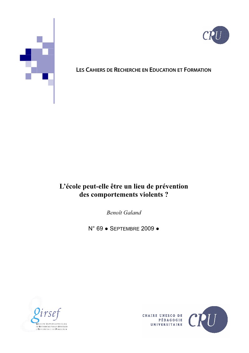 					Afficher No 69 (2009): L’école peut-elle être un lieu de prévention des comportements violents ?
				