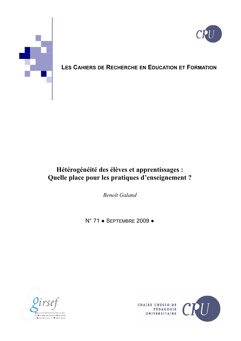 					Afficher No 71 (2009): Hétérogénéité des élèves et apprentissages : Quelle place pour les pratiques d’enseignement ?
				