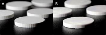 3D printed cylinders used for cytotoxicity determination tests. A. Before coating with 2-octyl-cyanoacrylate; B. After coating with 2-octyl-cyanoacrylate (by courtesy, Prof Leszek Klimek, Medical University of Lodz, Poland)